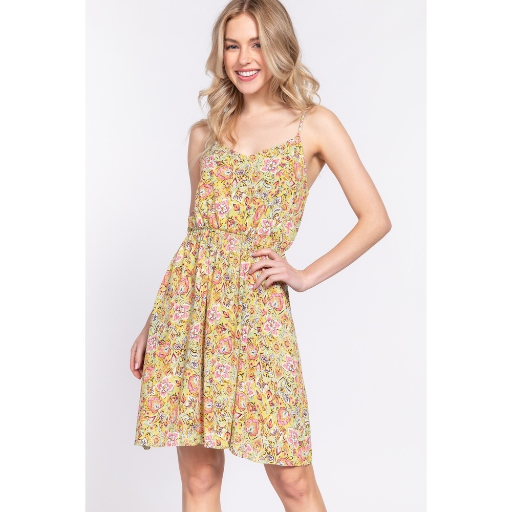 Round Neck Waist Shirring Floral Printed Woven Cami Mini Dress Small 17485